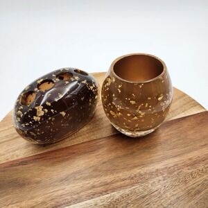 Vtg Nicole Miller Gold Rush Lucite Bathroom Toothbrush Holder Cup Set Regency